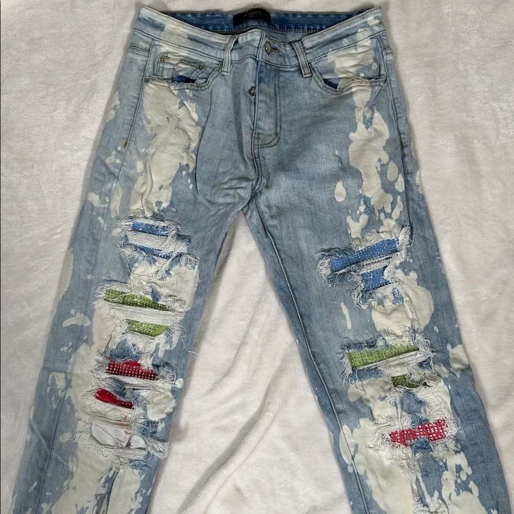 AMIRI Light Blue Distressed Acid Washed Denim Jeans with Bright Bling Patches!